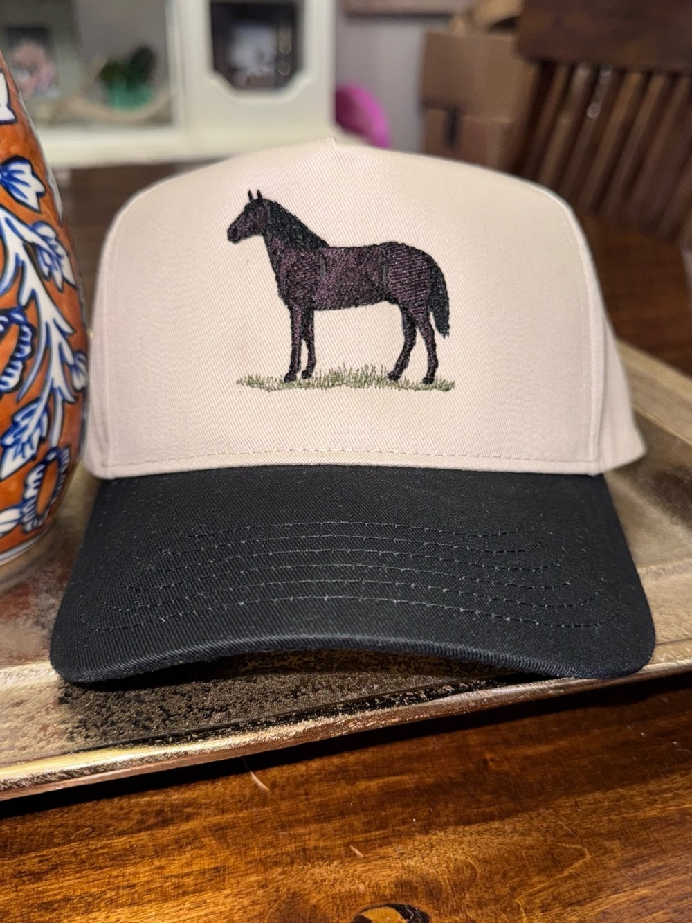 Two-Tone Women’s Horse Embroidered Cap - Cream and Black